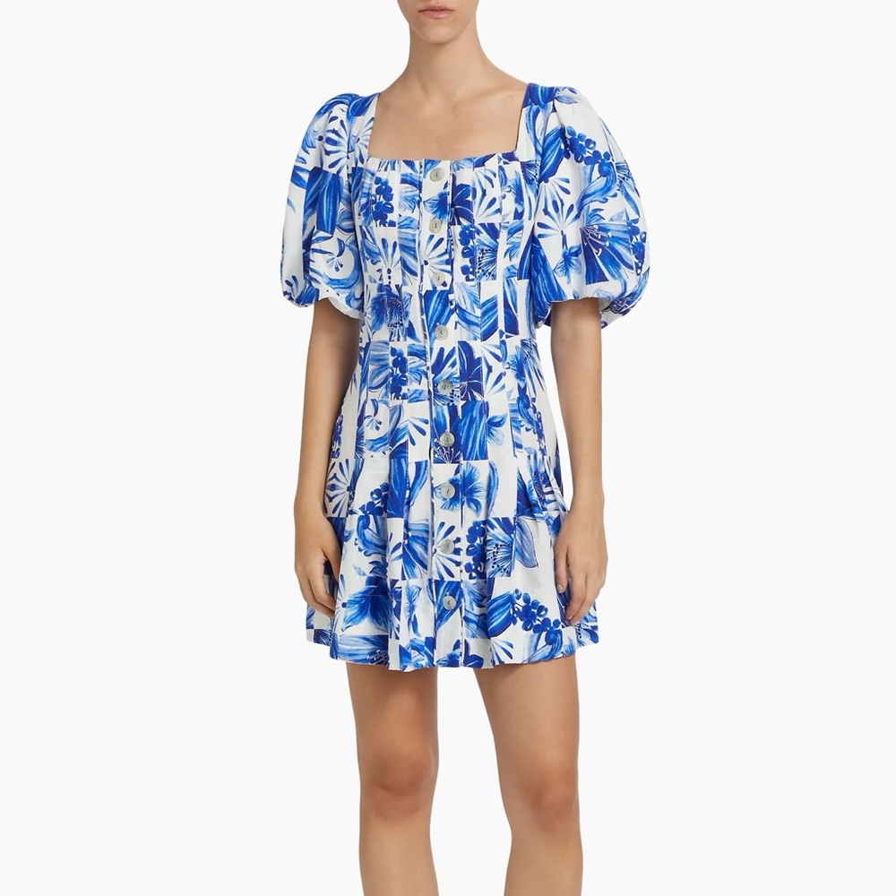 NWT Farm Rio Garden Tiles Plaid Linen-Blend Minidress, XS